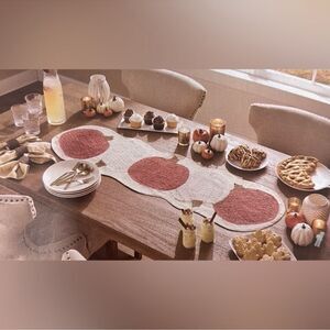 cupcakes & cashmere Ivory Linen White Rust Brown Crochet Pumpkins Table Runner